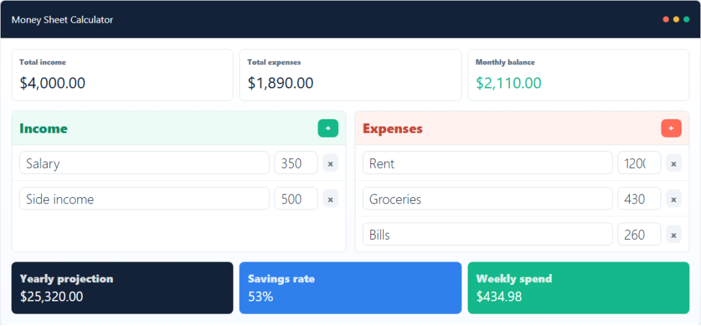 Money Sheet Calculator dashboard preview